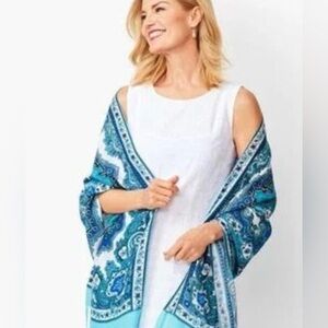 Talbots blue paisley print oblong scarf blue NWT brand new spring fringe coastal